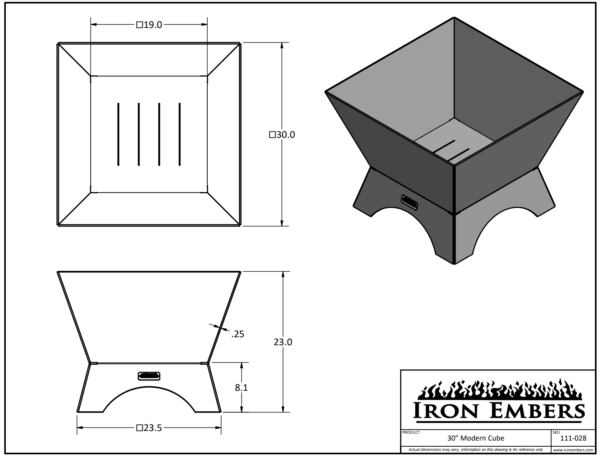 30" Modern Cube Technical Drawing