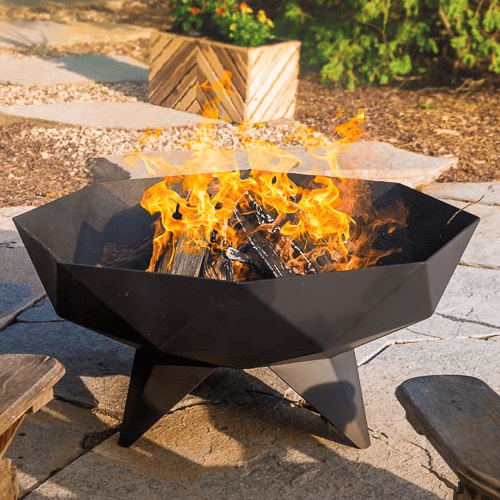 Polygon fire bowl with burning fire.