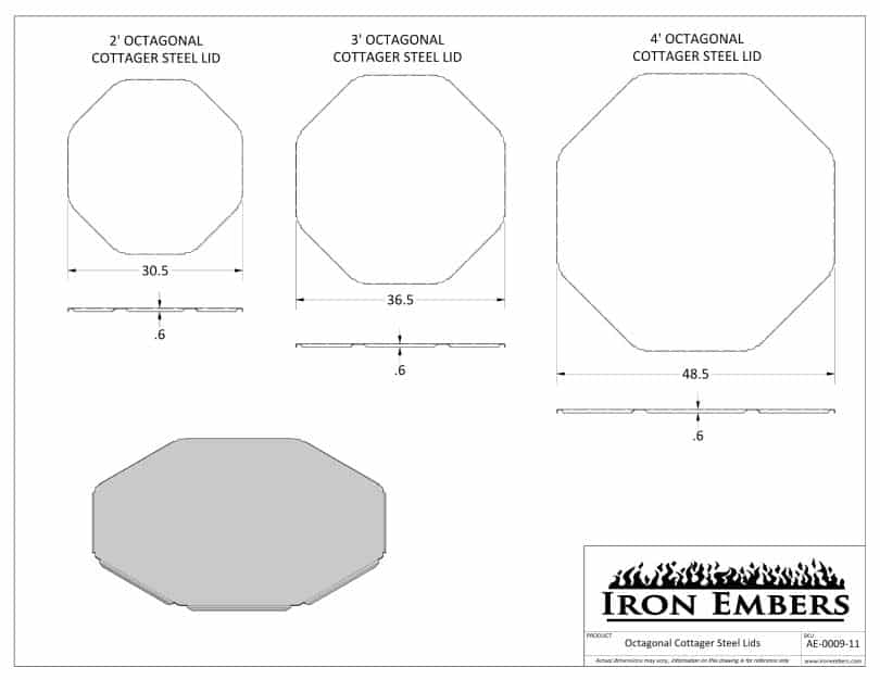 Dimensional drawing for octagonal cottager fire pit steel lids by Iron Embers