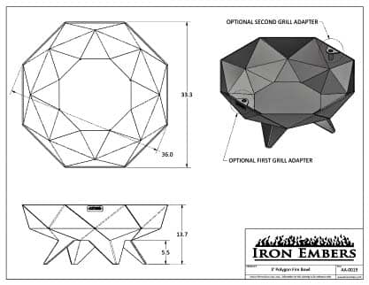 Technical drawing of a 3' Polygon fire bowl