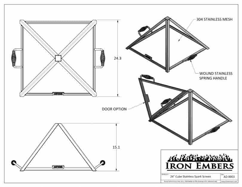Dimensional drawing for square fire pit spark screen