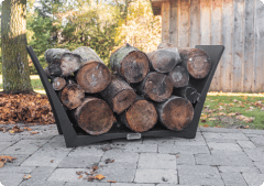 Iron Embers Tamarack log holder full of large fire wood