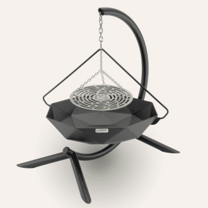 Hanging fire bowl with height adjustable BBQ grill plate