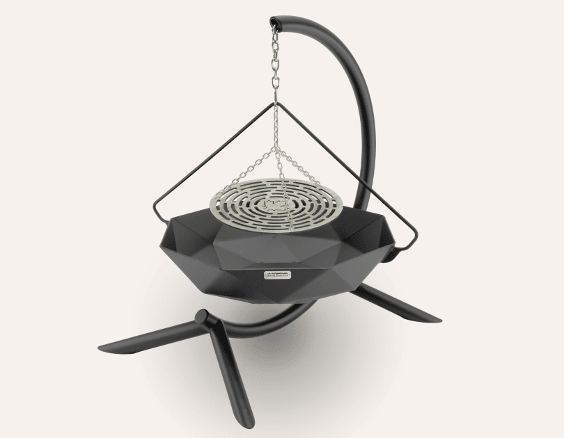 Hanging fire bowl with height adjustable BBQ grill plate