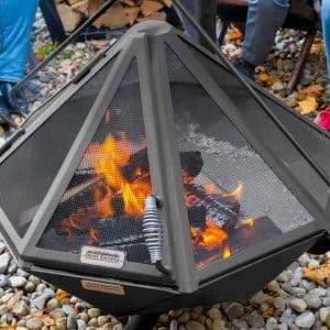 Spark arrestor with large door on hanging fire pit