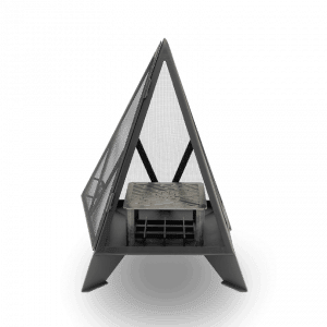 Pyramid fireplace with an open door showing standing grill for woodfired grilling