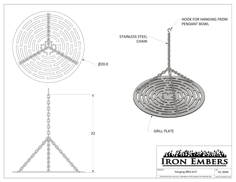 Dimensional drawing for hanging BBQ grill from Iron Embers