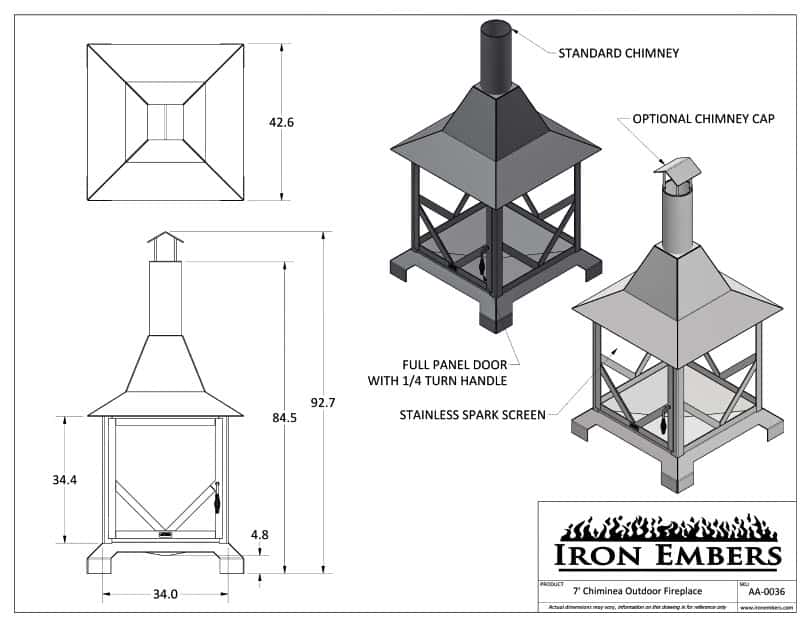 Dimensional drawing for 7' chiminea fire pit by Iron Embers