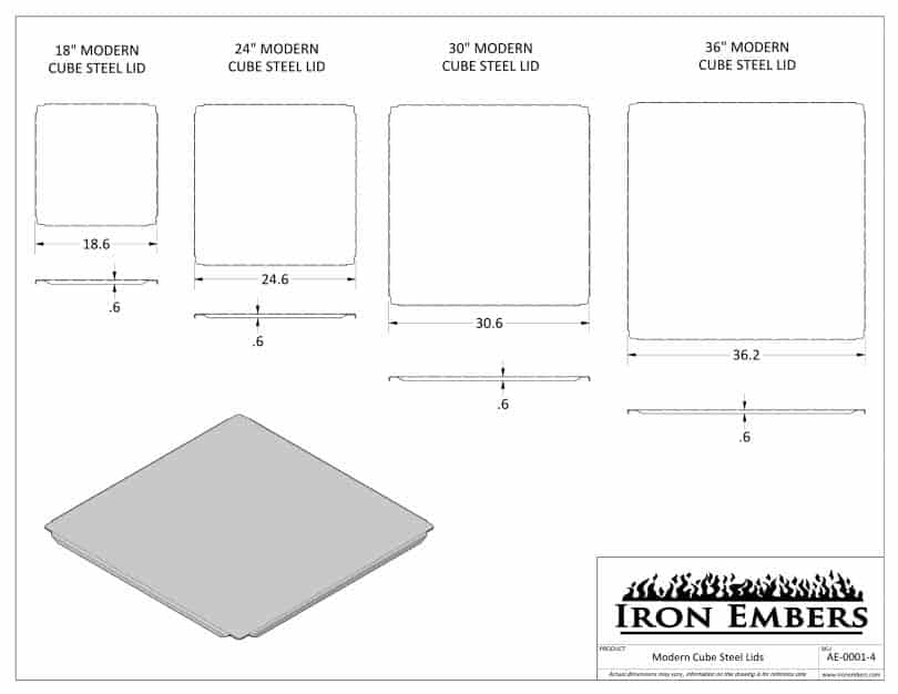 Dimensional drawings for square fire pit steel lids