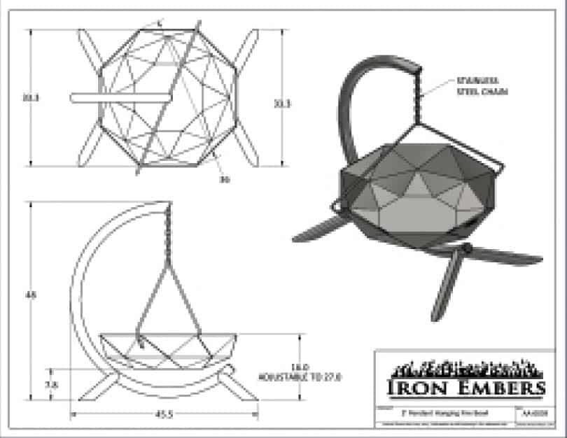 Dimensional drawing for pendant hanging fire bowl by Iron Embers