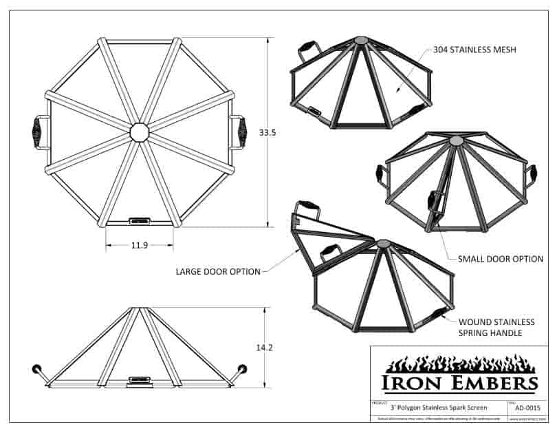 Dimensional drawing of spark screen for 3' Polygon fire bowl