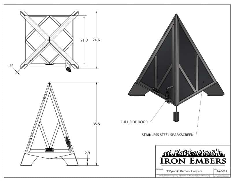 Dimensional drawing for 3' pyramid fire pit by Iron Embers