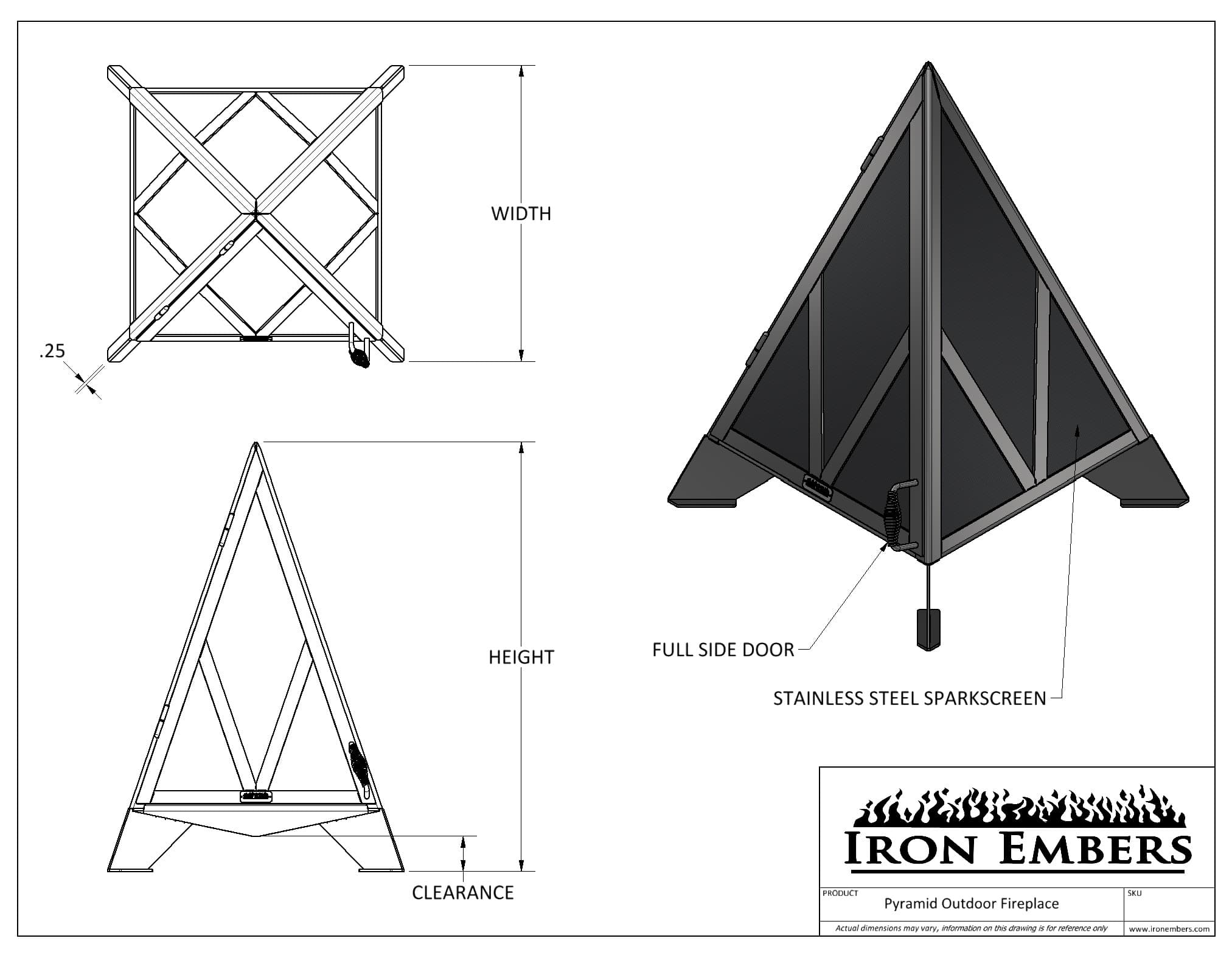 Dimensional drawing for pyramid fire pit by Iron Embers