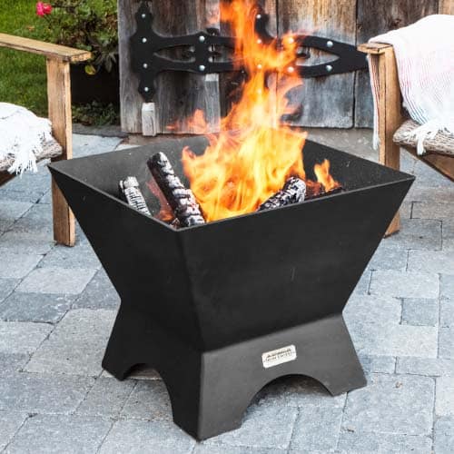 24in cube square fire pit on a patio with chairs