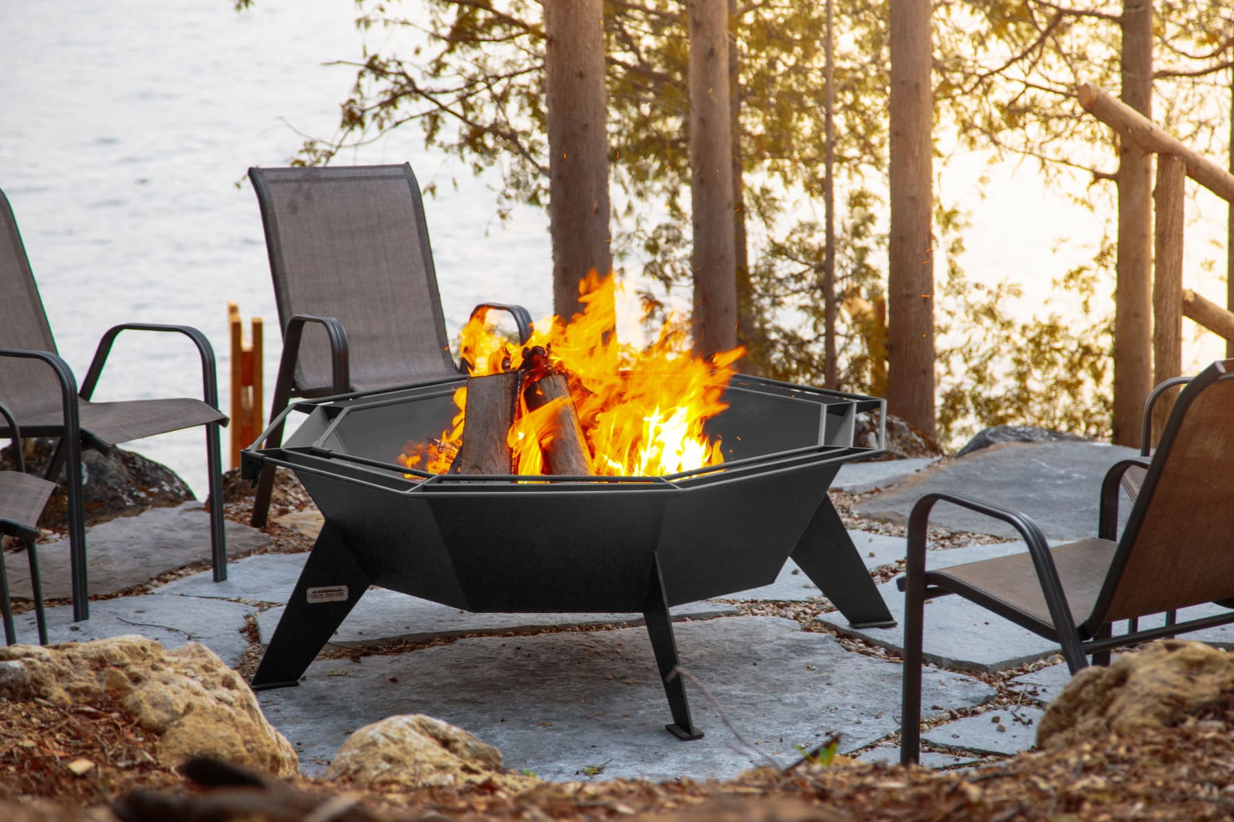 Huge octagon fire pit on flagstone
