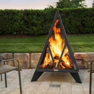 Pyramid fire pit on a patio in summer