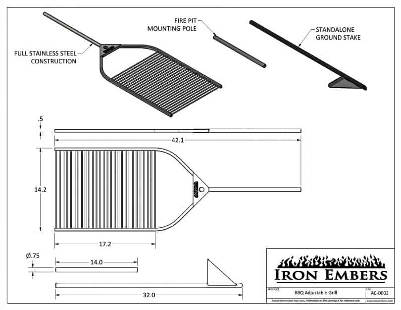 Dimensional drawing for Adjustable BBQ grill by Iron Embers