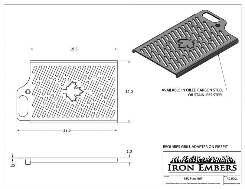 Dimensional drawing for BBQ plate grill by Iron Embers