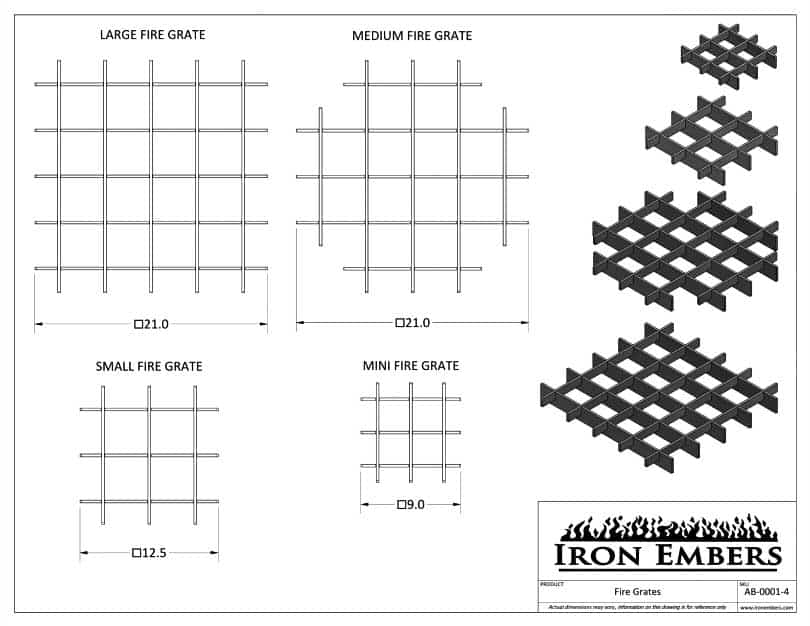 Dimensional drawing for fire grates by Iron Embers