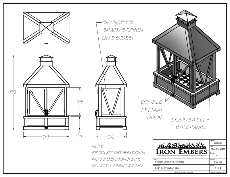 Dimensional drawing for custom tall chiminea fireplace