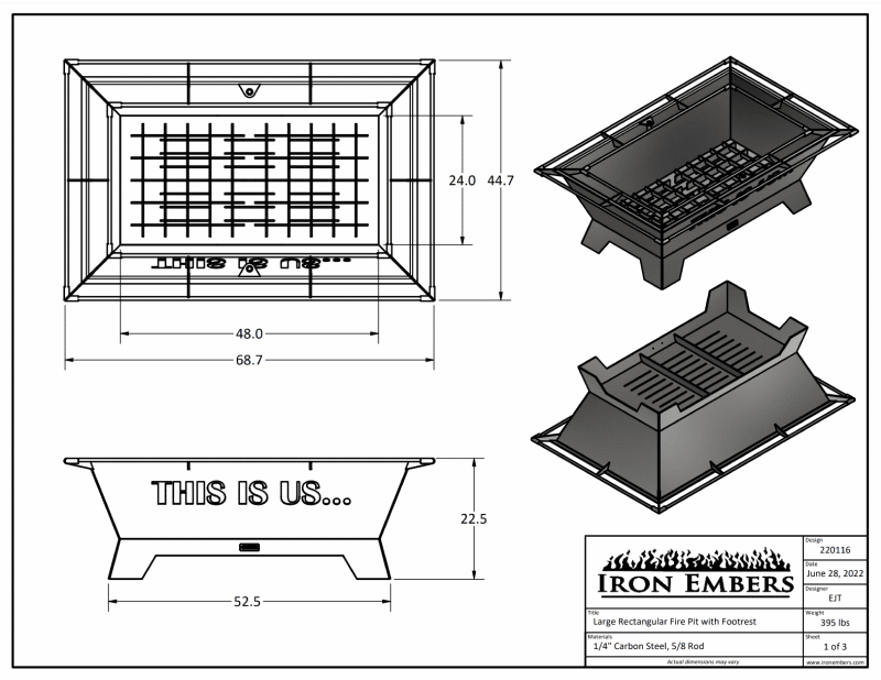 Dimensional drawing for large rectangular fire pit