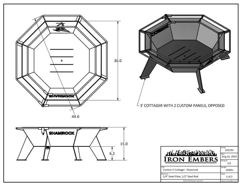 Dimensional drawing of custom 3' cottager fire pit