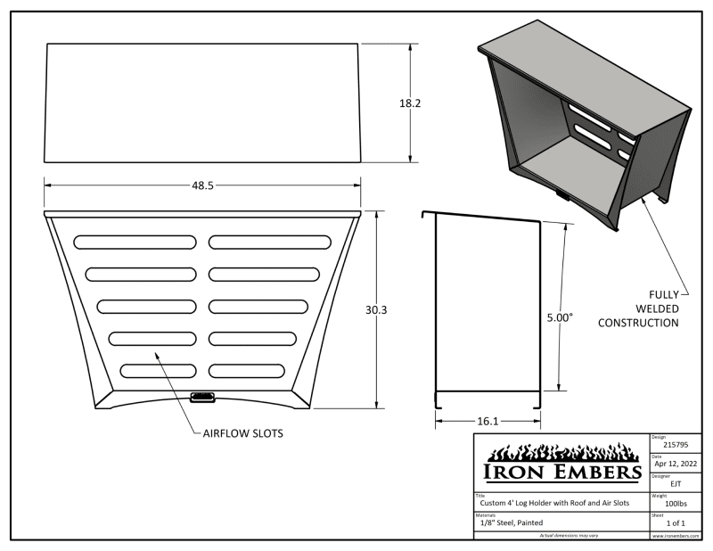 Dimensional drawing for custom log holder with roof and air slots