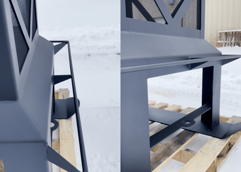 Closeups of footrest and skis on chiminea fire pit