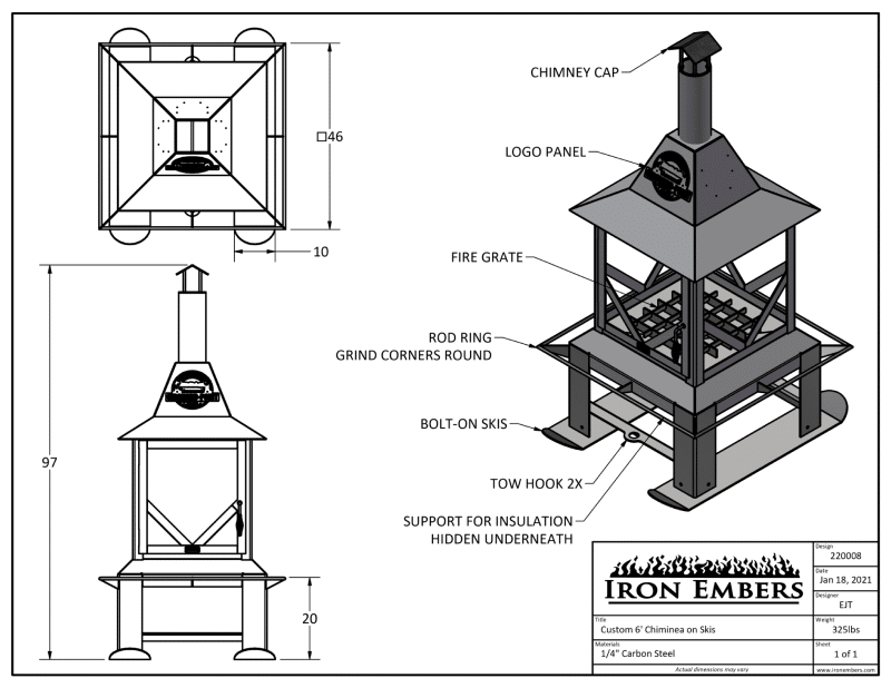 Dimensional drawing of chiminea fire pit on skis