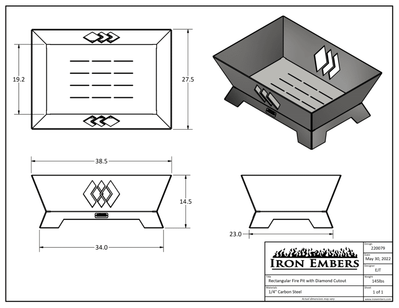 Dimensional drawing for custom square fire pit with diamond cutouts