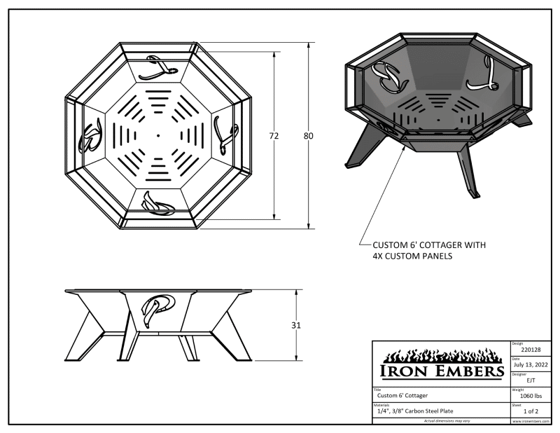 Dimensional drawing for 6' large octagon fire pit